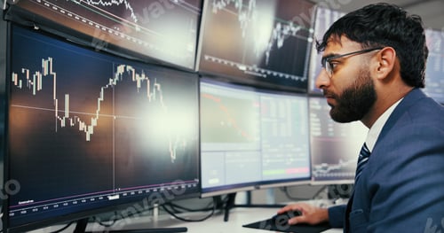 Preview: Man, trading and broker with computer screen for stats with glasses, review
