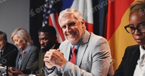 Preview: Press conference, politics and happy man with government panel or international delegation