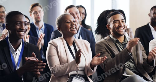 Preview: Convention, crowd and business people clapping for celebration, success or revenue growth in office