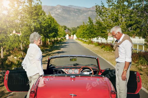 Preview: Countryside, outdoor and old couple by car for road trip, vacation and holiday for bonding
