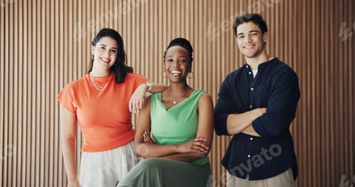 Preview: Portrait, creative and team with arms crossed in office for journalist with opportunity
