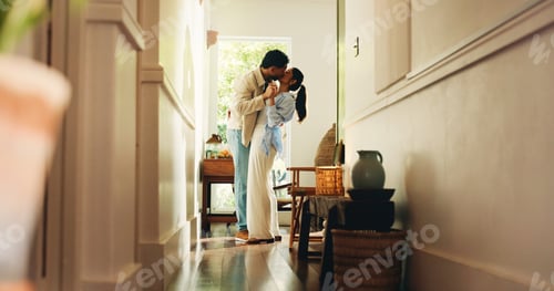 Preview: Couple, kiss and dancing with love at house for romance, affection and bonding together with rhythm