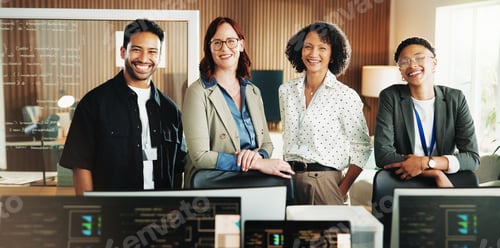 Preview: Portrait, coding and team with business people in office for programmer review