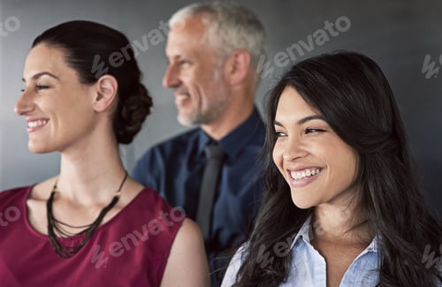 Preview: About us, smile and thinking with business people in studio together for collaboration or planning
