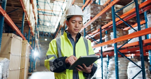 Preview: Tablet, shipping and Asian man in warehouse for distribution, supply chain or check stock
