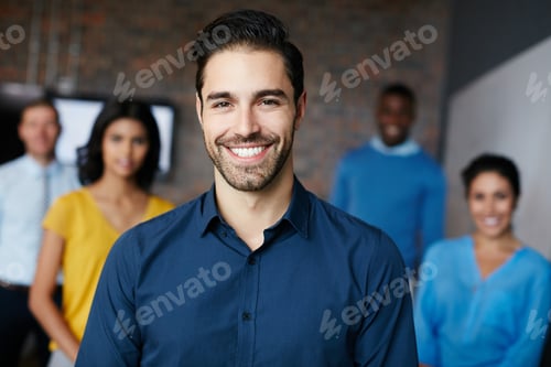 Preview: Portrait, business and man with team in office for career pride, about us and real estate