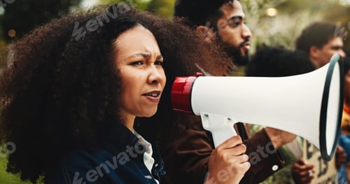 Preview: Woman, students and megaphone for protest outdoor for justice, free education and announcement