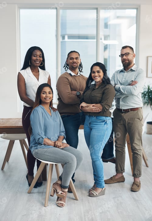 Preview: Business, portrait and team with smile in office for journalism, creative experience and about us