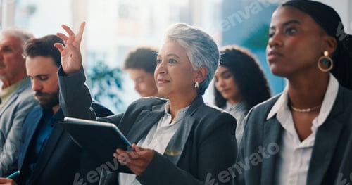 Preview: Business, woman and raised hand with tablet in seminar for question, answer speaker and attention