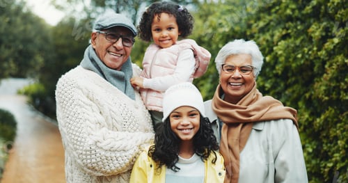 Preview: Portrait, outdoor or happy grandparents with children for family time, support
