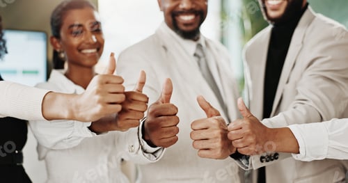 Preview: Happy, business people and hands with thumbs up in unity for team agreement or confirmation