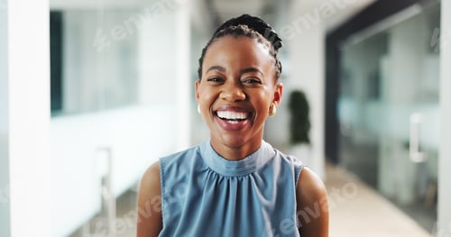 Preview: Portrait, laugh and businesswoman with pride, hallway and reporter with career development