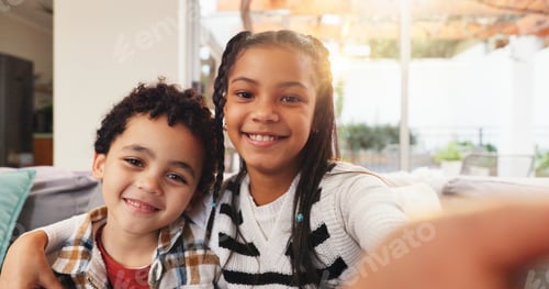 Preview: Portrait, sibling and child in home with selfie, digital memory or bonding together on weekend