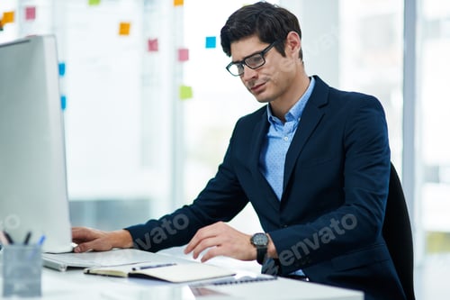 Preview: Investor, notebook and man in office, computer for investment deal and checklist for company audit