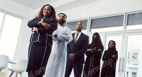 Preview: Business, people and team in row in office for legal representation, muslim coworkers and about us
