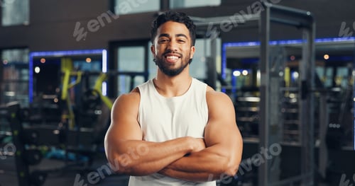 Preview: Fitness, bodybuilder and arms crossed with portrait at gym for bodybuilding, training and about us