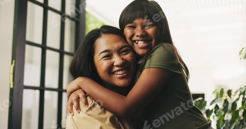 Preview: Smile, hug and portrait of mother with child in home with trust, support or bonding together