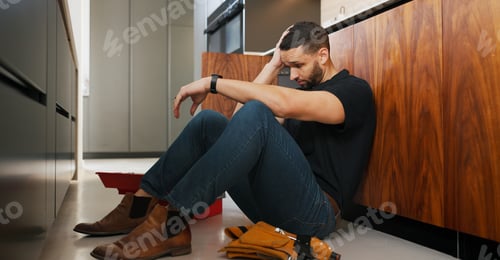Preview: Plumber, man and stress in kitchen with problem, repair challenge or thinking for maintenance