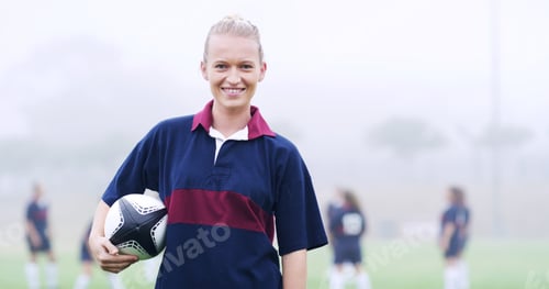 Preview: Rugby, smile and sports with portrait of woman on field for training, game challenge and tournament