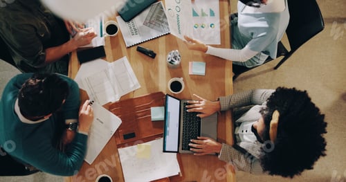 Preview: Documents, laptop and business people in office with planning for finance report with company