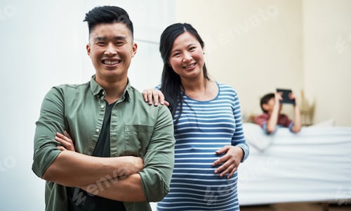 Preview: Pregnant family, man and portrait in home for maternity support, parenthood and ready for baby