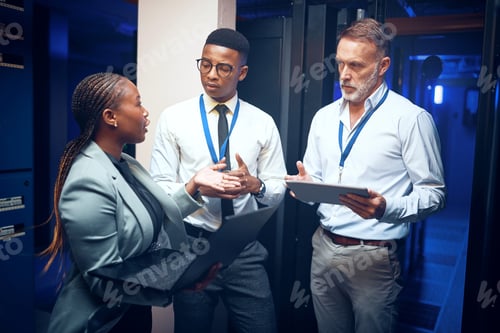 Preview: People, tablet and team with maintenance in server room fo cybersecurity, insight or collaboration