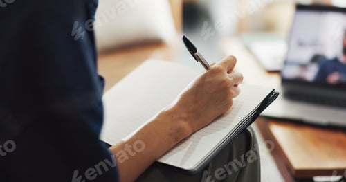 Preview: Person, hands and writing with video call in book for online meeting, schedule or reminder in home
