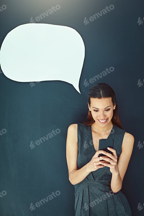 Preview: Speech bubble, reading and phone woman in studio for social media opinion, mockup and online