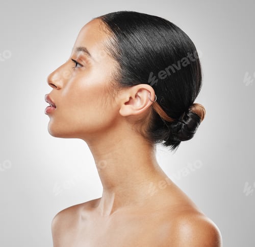 Preview: Serious, woman and skincare for beauty in studio with vision, smooth skin and healthy shine