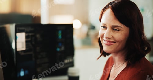 Preview: Smile, programmer and computer with business woman in office for web developer