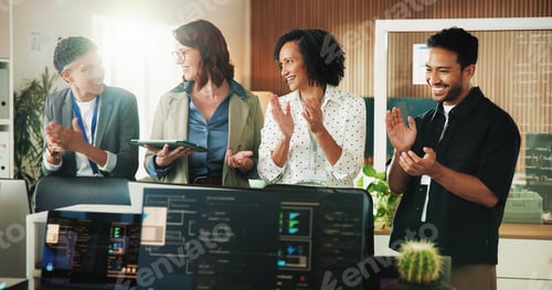 Preview: Applause, programmer and tablet with business people in office for app developer