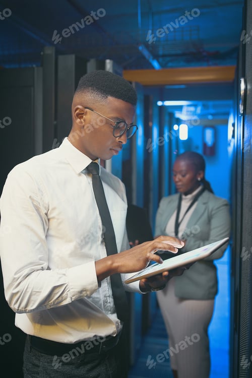 Preview: Tablet, man and inspection in server room for maintenance, system performance or update