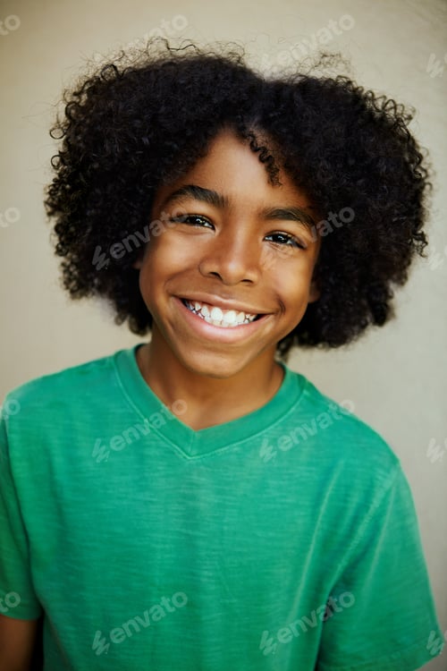 Preview: Happy, portrait and black child with smile, afro and student on studio background