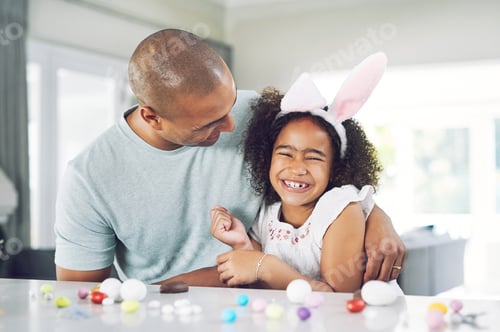 Preview: Dad, child and bunny ears with laugh in home for love, bonding or easter holiday together