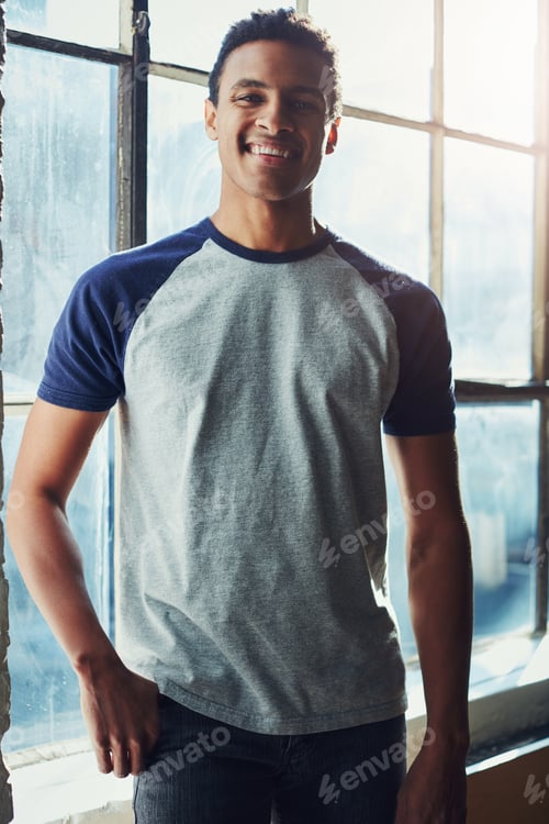 Preview: Confident, man or university student with portrait by window, education