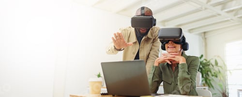 Preview: Laptop, discussion and people with vr headset in office, real estate innovation