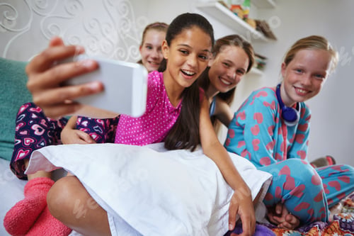 Preview: Selfie, smile and teenagers at sleepover in home for memory, fun and social media post together