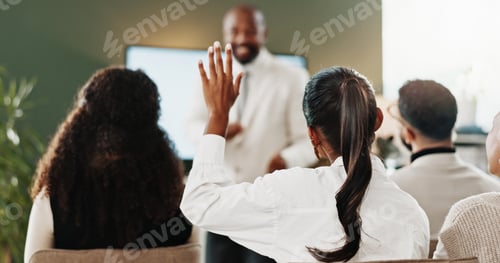Preview: Seminar, audience and question for speech, event and person with hand up in training session
