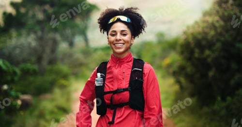 Preview: Smile, nature and portrait of woman with running, workout or training outdoor in woods