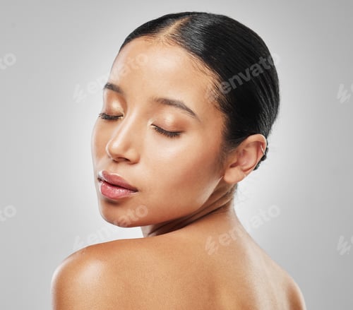 Preview: Makeup, beauty or woman in studio with natural, smooth skin or shine in facial care
