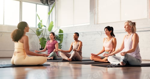 Preview: Woman, yoga class and lotus meditation with coach, breathing exercise and routine on gym floor