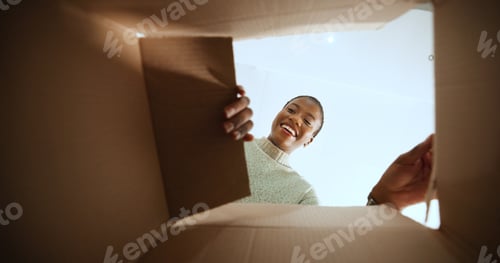 Preview: Black woman, open box and smile with POV in home, low angle or ecommerce for product