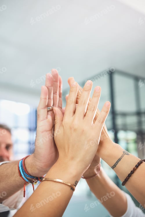 Preview: Group, people and huddle with high five in office for teamwork, support and agreement