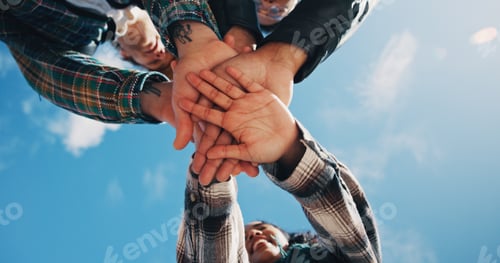 Preview: University, students and hands together with support on blue sky for solidarity