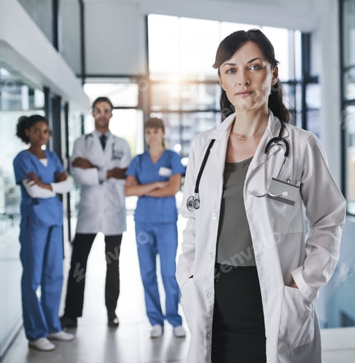 Preview: Portrait, doctor and woman in hospital, healthcare and teamwork with career ambition