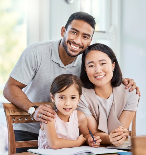 Preview: Education, family and child with smile in home, portrait or help with assignment for academic