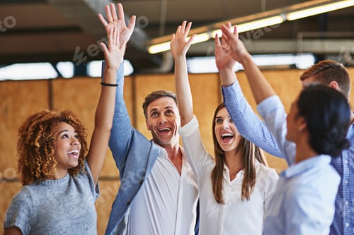 Preview: Media agency, high five and people with celebration, cheering and website launch