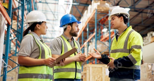 Preview: Logistics, discussion or people in storage warehouse for shipping planning