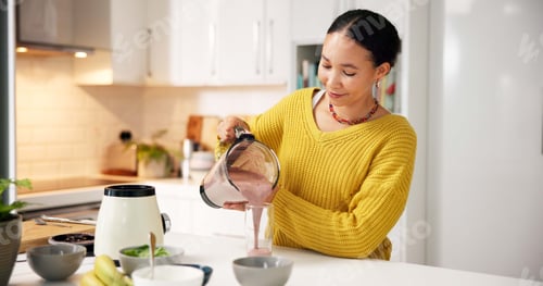 Preview: Pouring, smoothie and woman with blender, kitchen and healthy drink for nutrition boost and protein