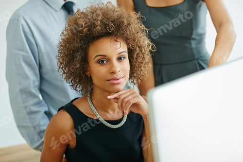 Preview: Portrait, financial advisor and woman in office, computer and teamwork with career ambition